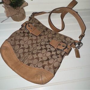 Coach Soft Duffle Shoulder Bag 3574 Signature Canvas Leather Tan